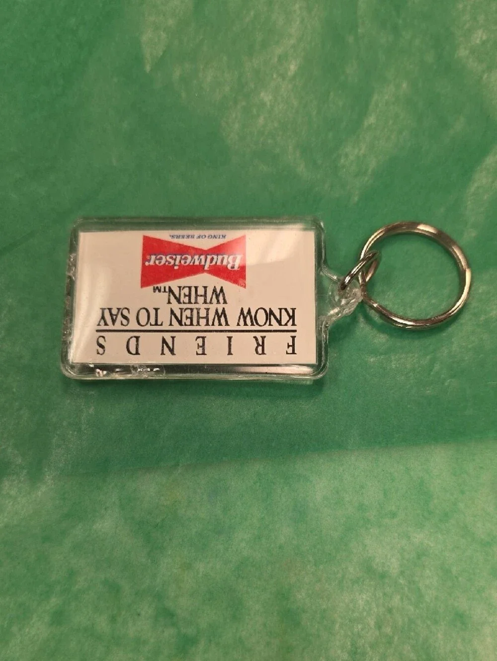 Vintage Budweiser Black and Red Rectangular Keychain with Split Ring